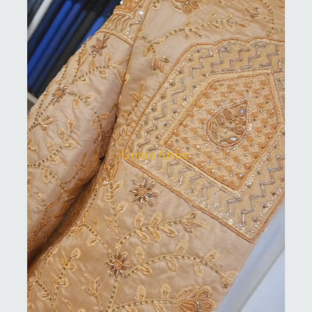 Carica e riproduci video nel visualizzatore Galleria, Golden Open Front Wedding Sherwani for Groom | Sherwani for Groom