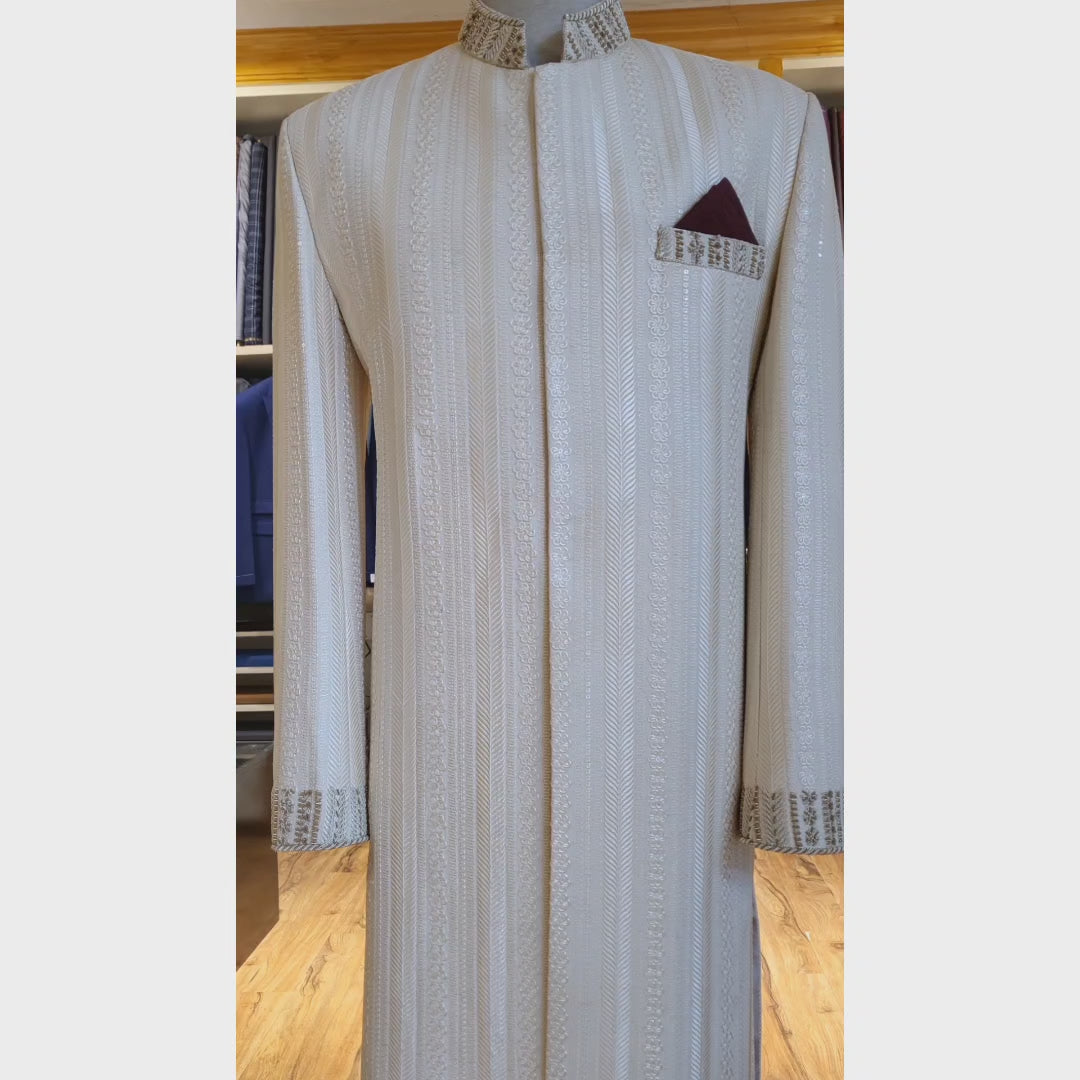 Load and play video in Gallery viewer, Designer Ivory Wedding Sherwani for Groom