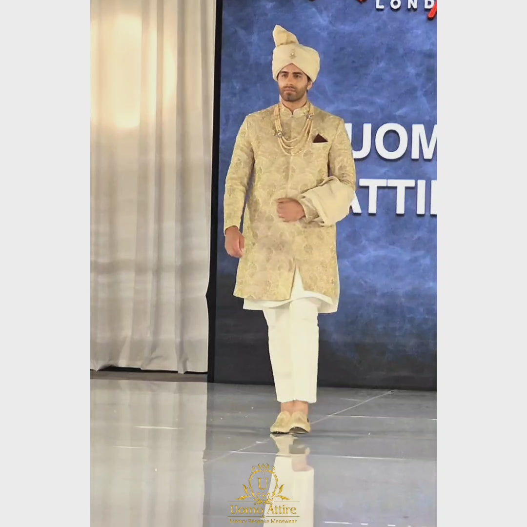
                  
                    Load and play video in Gallery viewer, Golden Sherwani for Groom | Groom Wedding Sherwani presented in London Lifestyle Show
                  
                