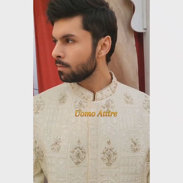 Charger et lire la vidéo dans la visionneuse de la Galerie, Luxurious Cream and Gold Embroidered Sherwani Ensemble for the Groom
