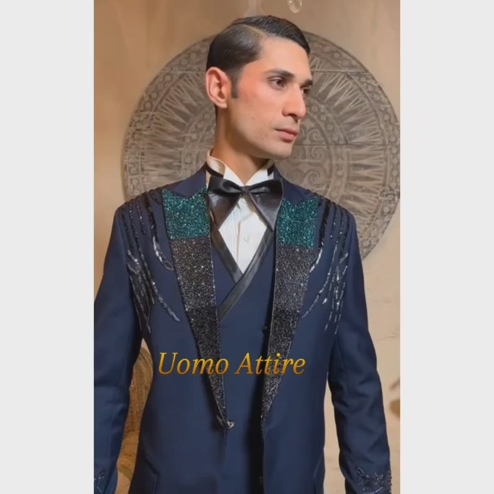 Charger et lire la vidéo dans la visionneuse de la Galerie, Luxurious Deep Navy Blue Italian Slim Fit Tuxedo with Embellished Shoulders and Cuffs for Groom