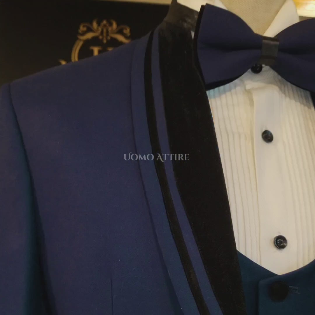 Carica e riproduci video nel visualizzatore Galleria, Tailored-made blue tuxedo three piece suit for elegent look | Blue Tuxedo Suit for Men