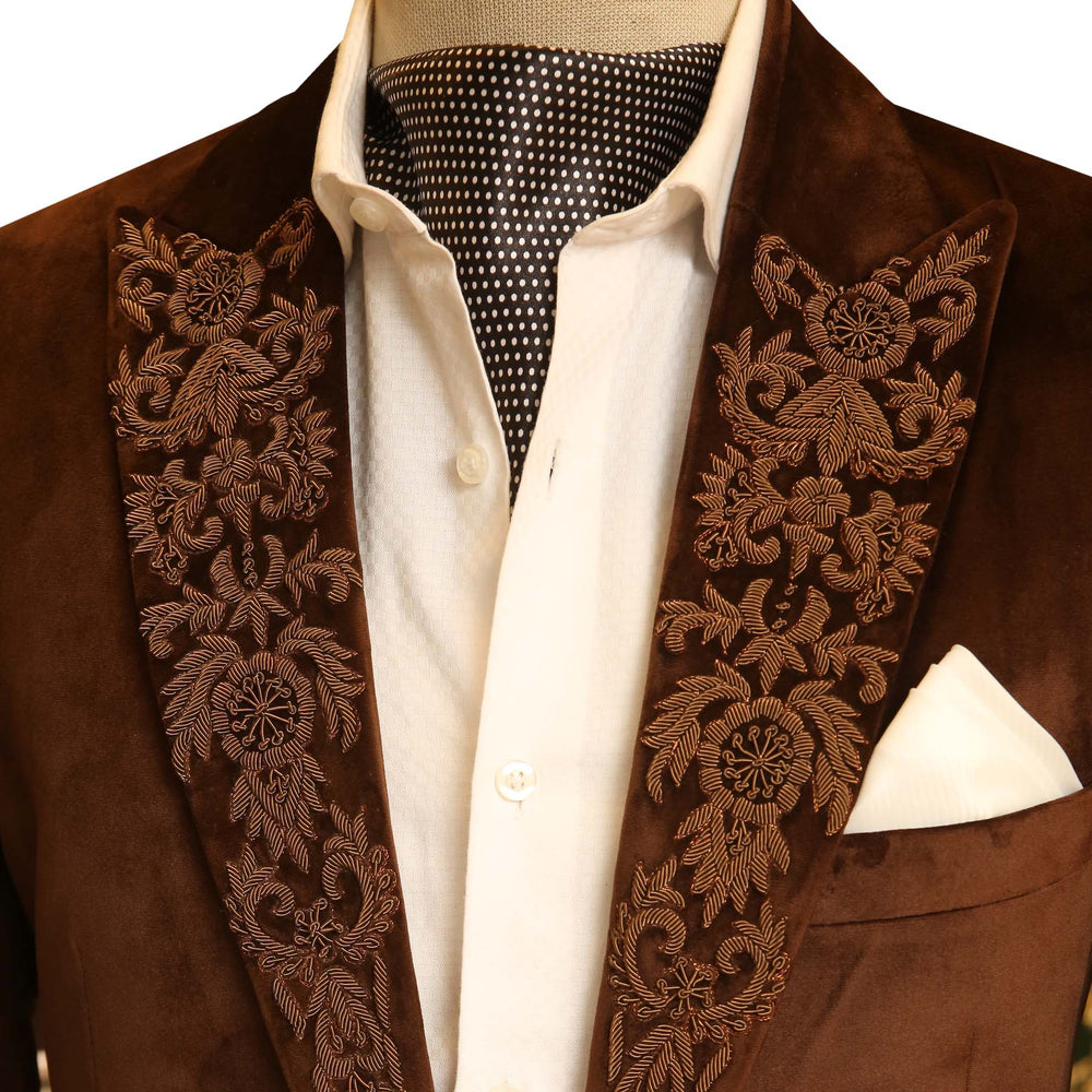 
                  
                    Load and play video in Gallery viewer, Brown Velvet Tuxedo Jacket with Floral Hand Jewlery Work
                  
                