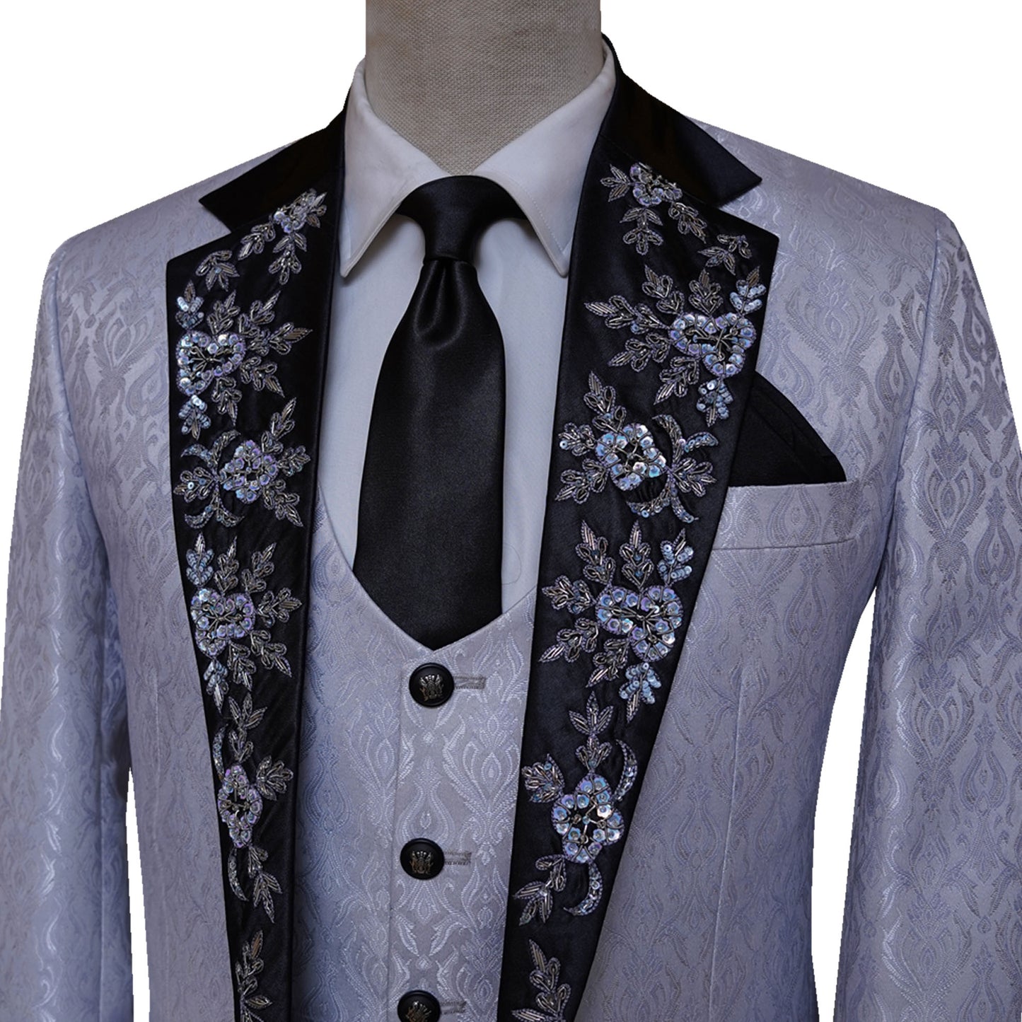 Load and play video in Gallery viewer, Self Designed Textured Fabric Gray Tuxedo Suit