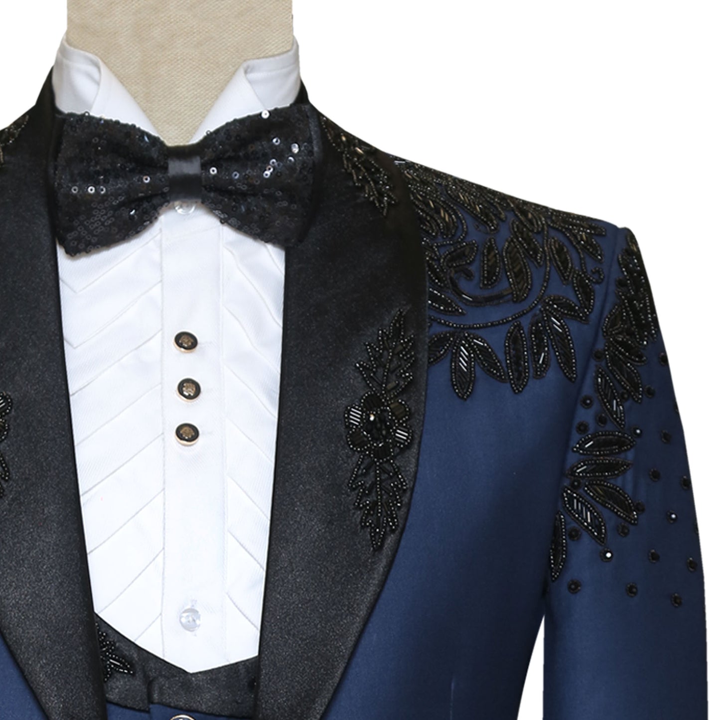 Carica e riproduci video nel visualizzatore Galleria, Navy Tuxedo Black Lapel for Groom Wedding and Special Occasion | Navy Custom Wedding Tuxedo in NYC online