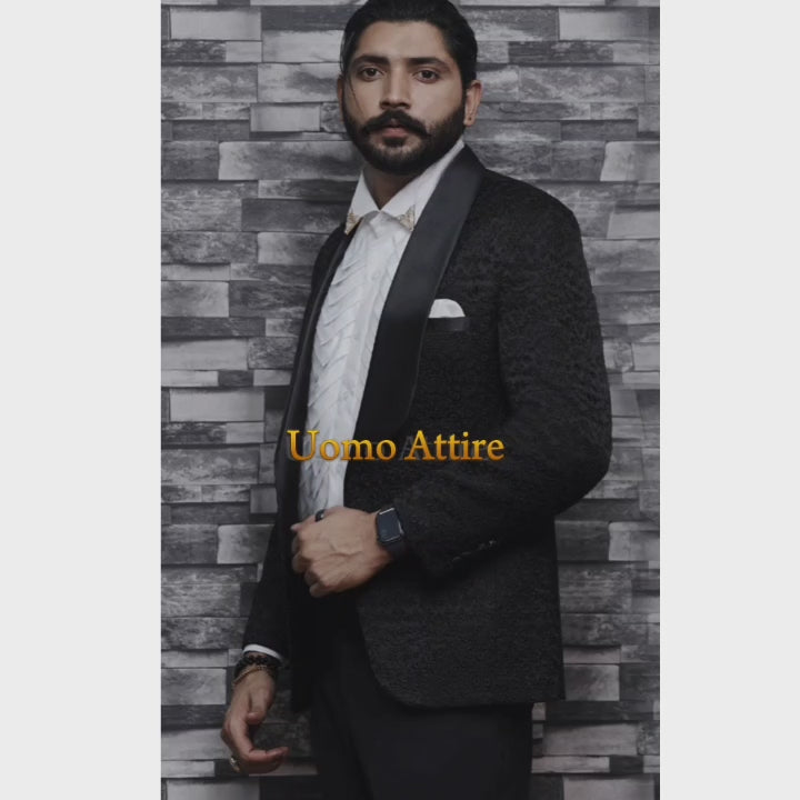 Charger et lire la vidéo dans la visionneuse de la Galerie, Luxurious Embroidered Black Tuxedo for Groom with Traditional Shawl Lepal