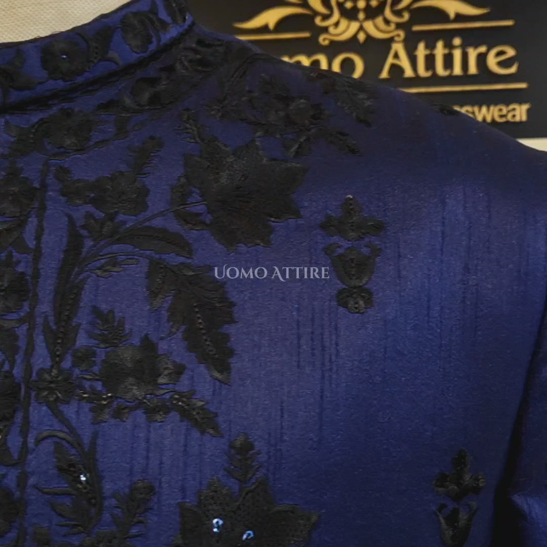 Carica e riproduci video nel visualizzatore Galleria, Latest Mens Navy Blue Wedding Sherwani for Groom
