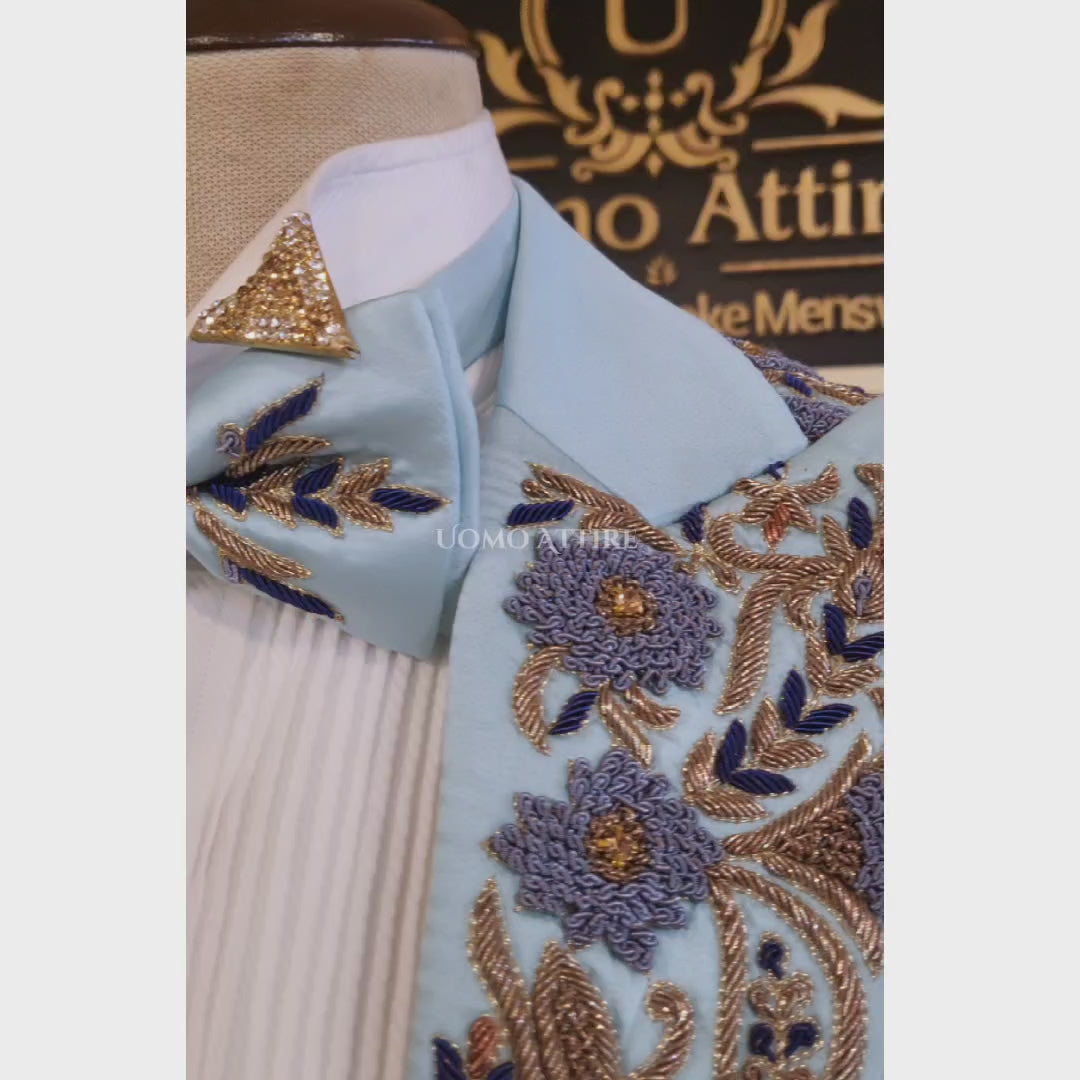 Carica e riproduci video nel visualizzatore Galleria, Baby Blue Luxury Designer Wedding Tuxedo Suit | Groom Tuxedo Suit