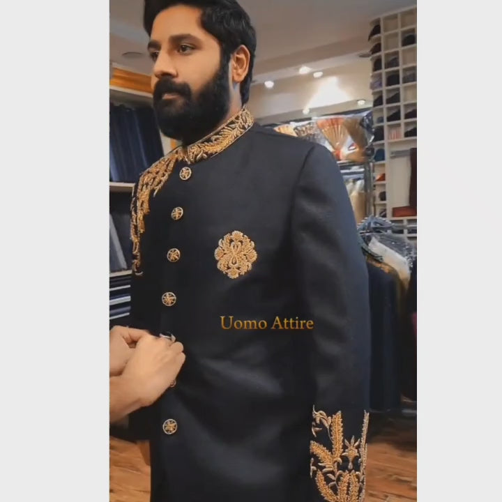 Load and play video in Gallery viewer, Luxury Black Sherwani for Groom with Golden Floral Embroidery