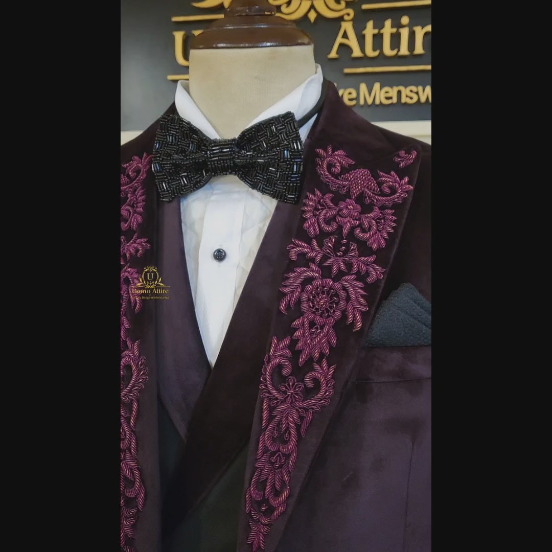 Load and play video in Gallery viewer, Burgundy Velvet Designer Groom Tuxedo