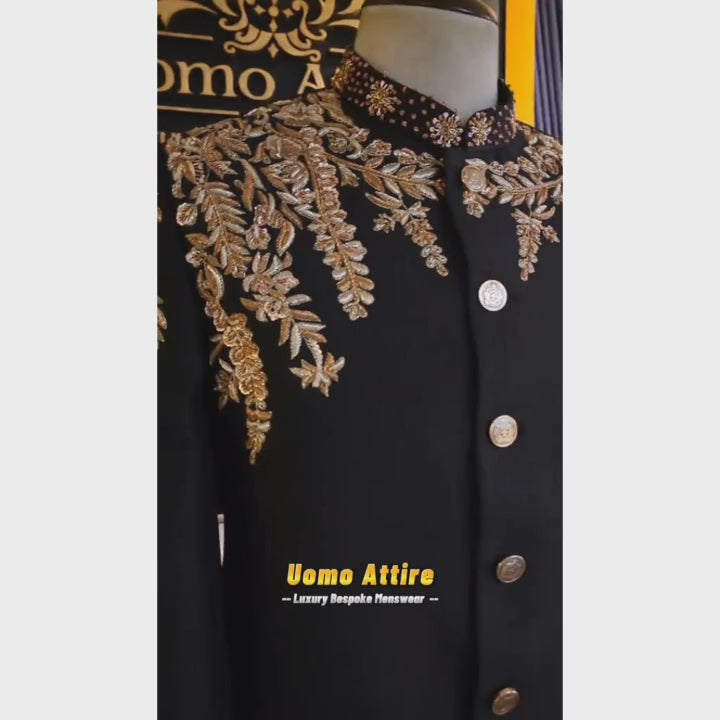 Load and play video in Gallery viewer, Black Designer Prince Coat for Groom and Party