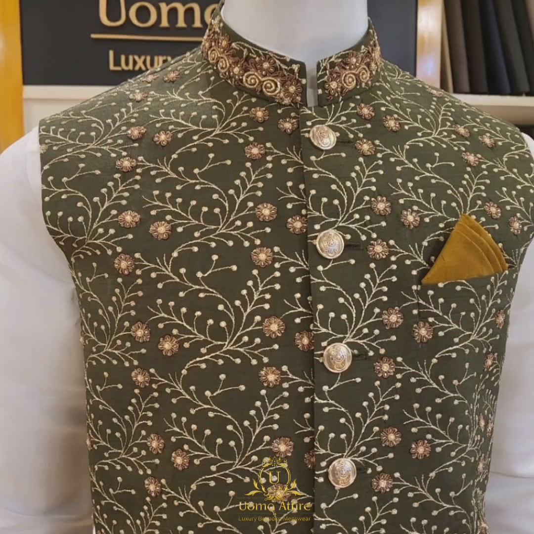 Carica e riproduci video nel visualizzatore Galleria, Mehendi Color Full Embroidered Waistcoat With Golden Embellished | Waistcoat