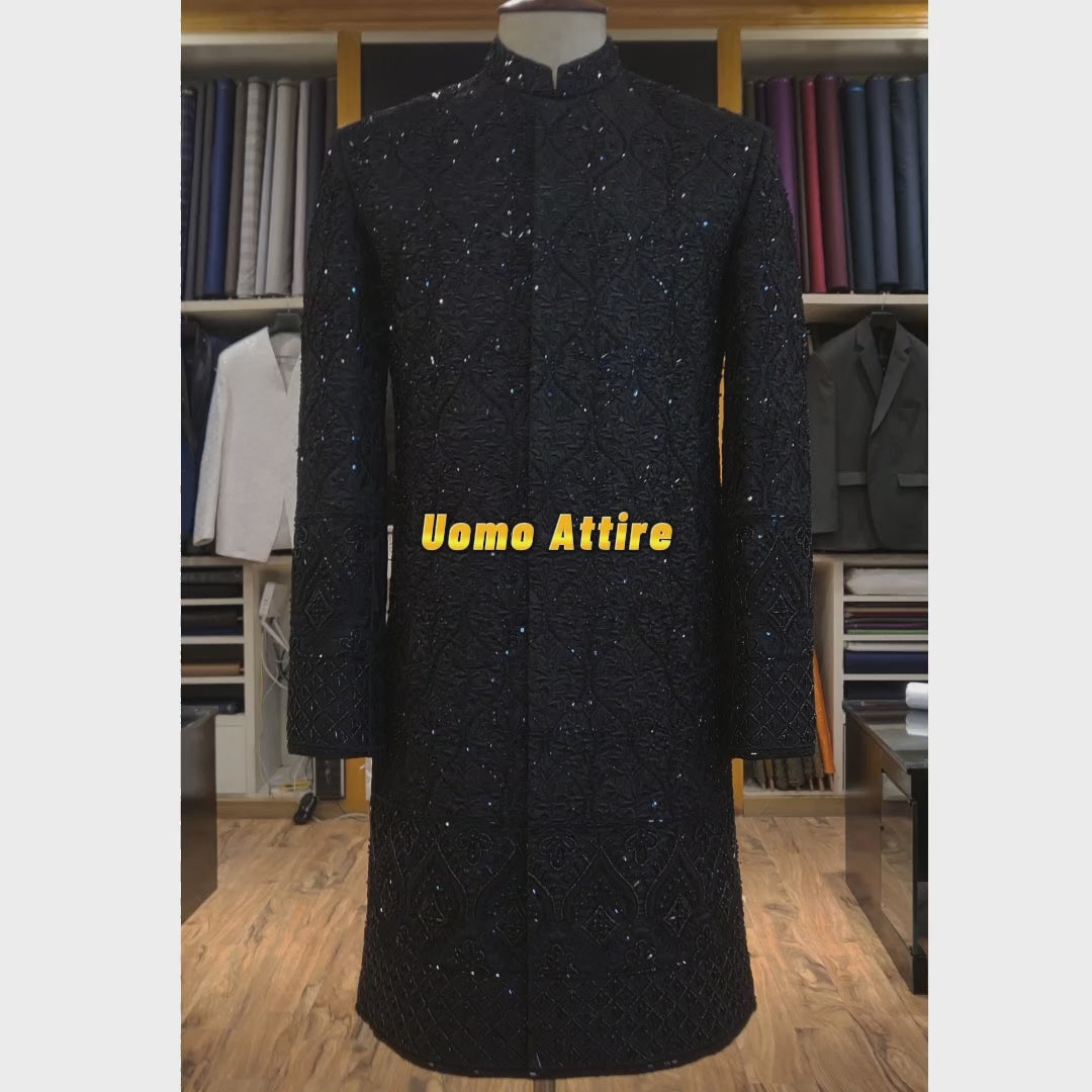 Carica e riproduci video nel visualizzatore Galleria, Black Wedding Sherwani for Groom | Luxury Designer Sherwani