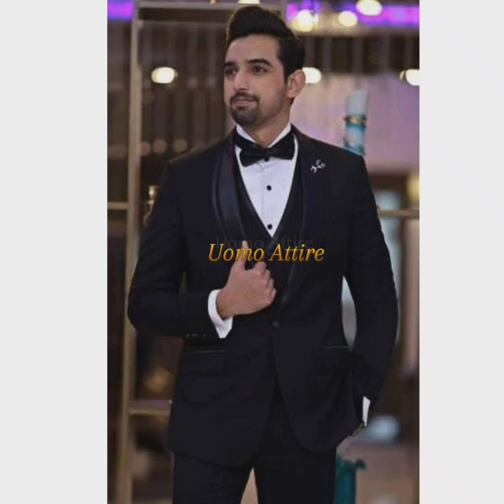 Charger et lire la vidéo dans la visionneuse de la Galerie, Luxury Black Tuxedo with Satin Lapel and Double-Breasted Waistcoat