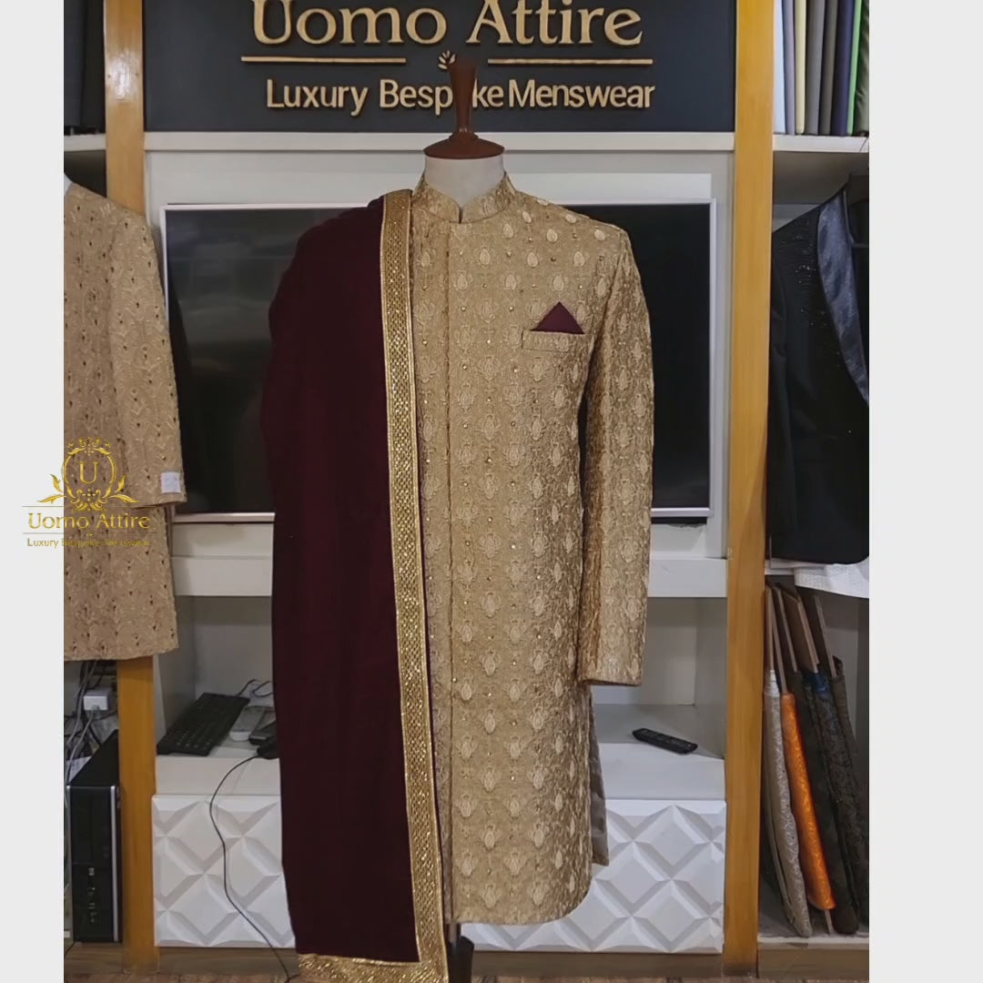 Load and play video in Gallery viewer, Champagne Gold Designer Sherwani for Groom