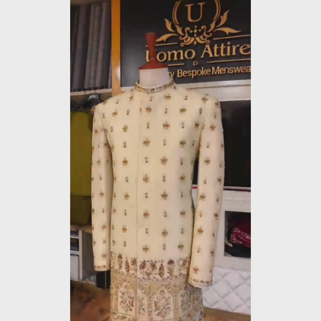 Load and play video in Gallery viewer, Luxurious Ivory Gold Sherwani for Groom Fully Heavy Embellishment