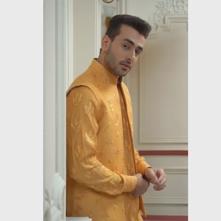 Load and play video in Gallery viewer, Elegant Mustard Yellow Waistcoat and Kurta with Intricate Embroidery