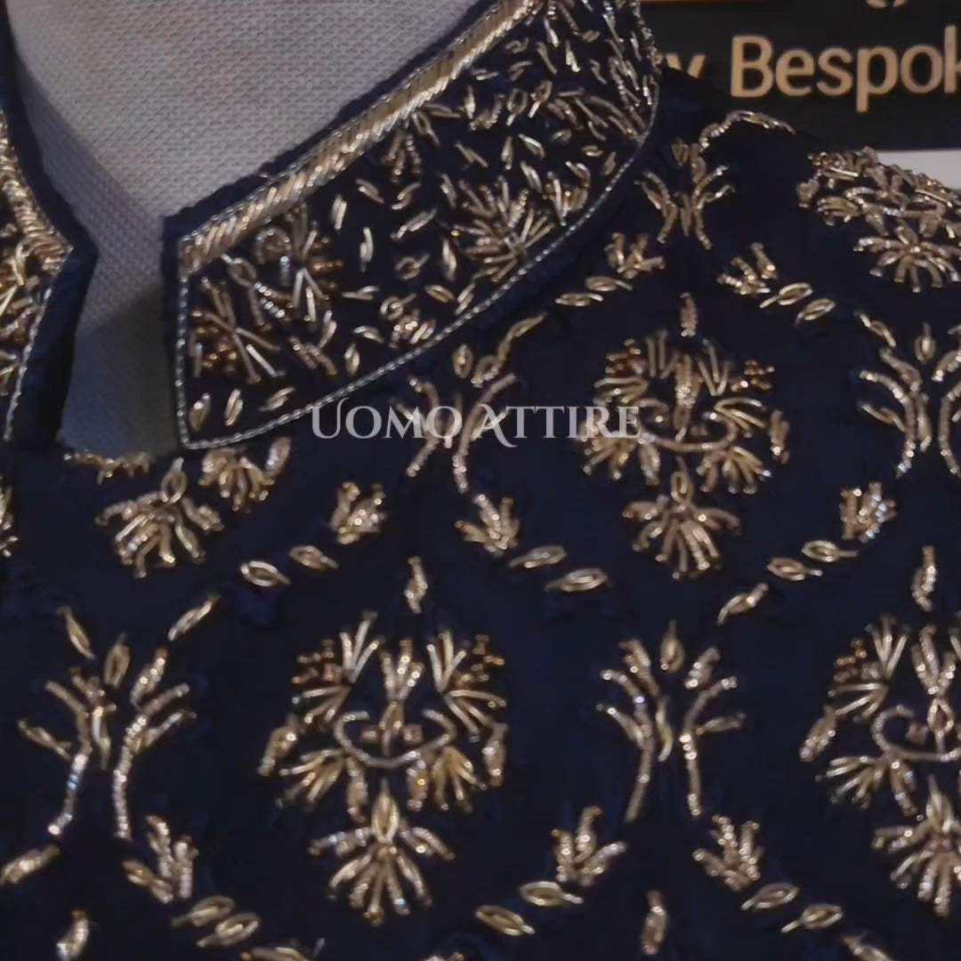 Load and play video in Gallery viewer, Luxury Midnight Blue Mens Wedding Sherwani For Groom