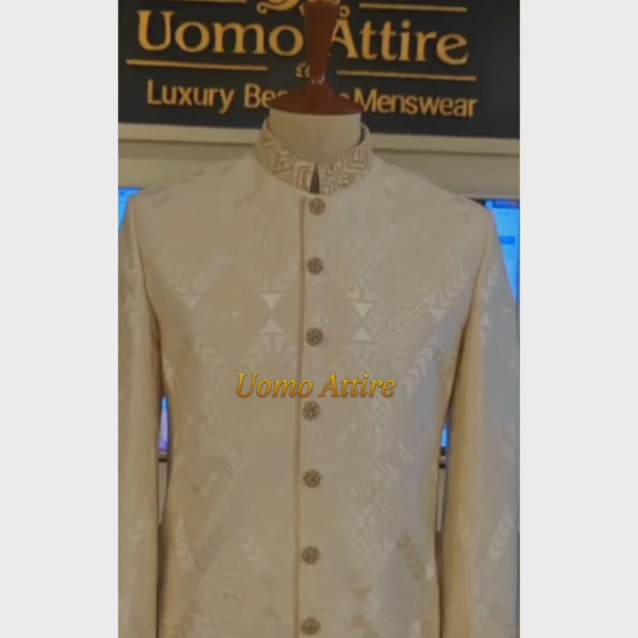 Load and play video in Gallery viewer, Exquisite Krandi Fabric Sherwani with Luxurious Golden Brass Button Closure