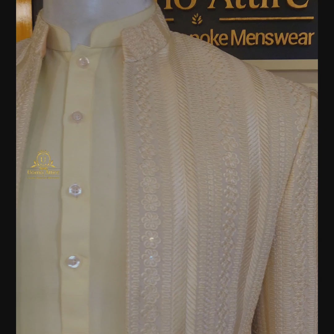 Charger et lire la vidéo dans la visionneuse de la Galerie, Beige and Ivory Embroidered Open Front Prince Coat for Groom