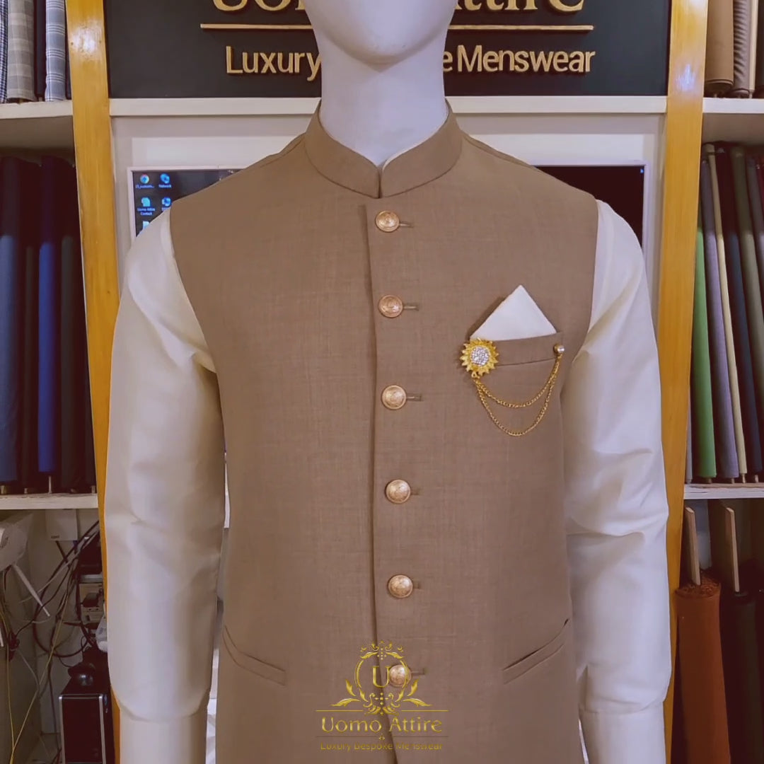 Load and play video in Gallery viewer, A lightweight golden waistcoat for gentlemen with golden brass buttons and white pocket square | Waistcoat