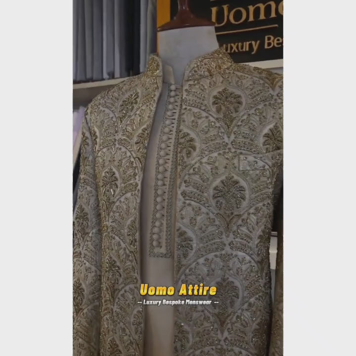 Carica e riproduci video nel visualizzatore Galleria, Golden Fully Embellished Prince Coat for Groom in USA