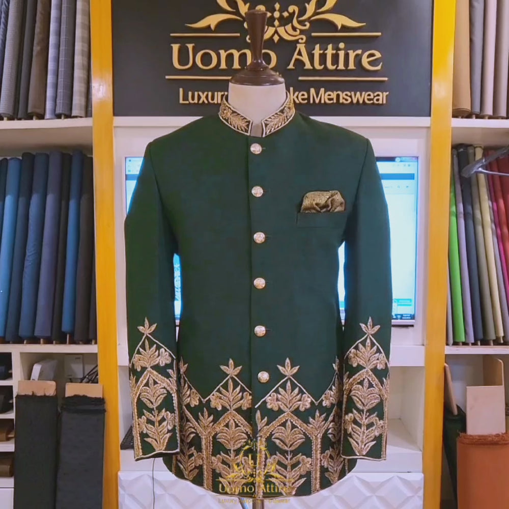 
                  
                    Load and play video in Gallery viewer, Deep green prince coat with golden embellishment | Prince coat  for groom video
                  
                