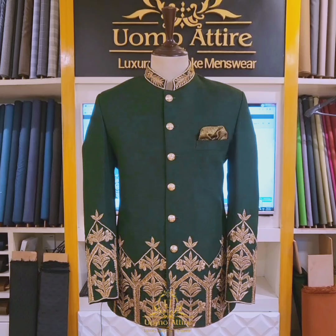 Load and play video in Gallery viewer, Deep green prince coat with golden embellishment | Prince coat  for groom video
