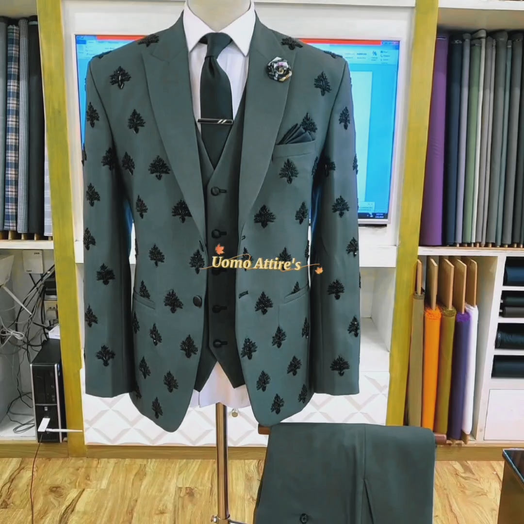 Load and play video in Gallery viewer, Black Embellished Green Wedding 3 Piece Suit For Men Buy Online in USA