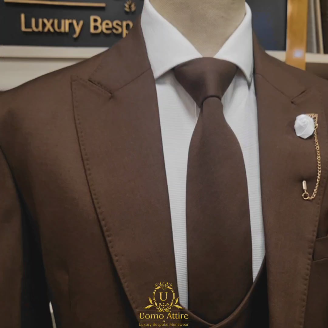 Load and play video in Gallery viewer, Bespoke Mens Brown Luxury 3 Piece Suit for Men