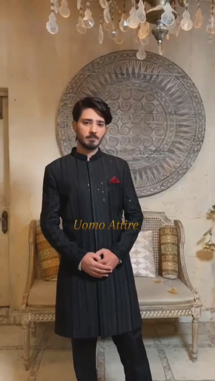 Charger et lire la vidéo dans la visionneuse de la Galerie, Luxurious Jet Black Embroidered Sherwani for Groom