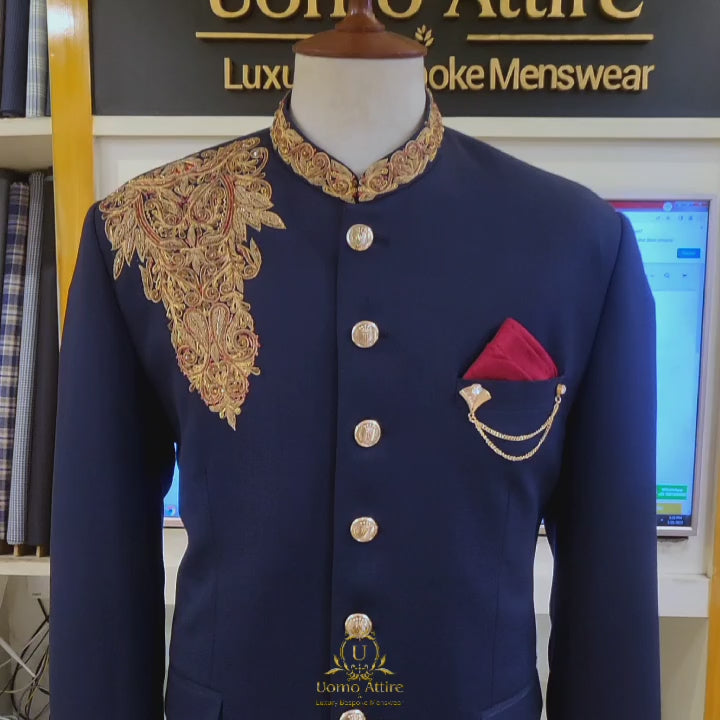 
                  
                    Load and play video in Gallery viewer, Wedding wear navy blue prince coat with micro embellishments | Navy blue prince coat for groom
                  
                