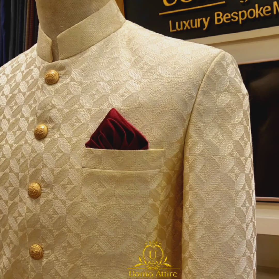 Load and play video in Gallery viewer, Self Design Golden Wedding Sherwani for Groom