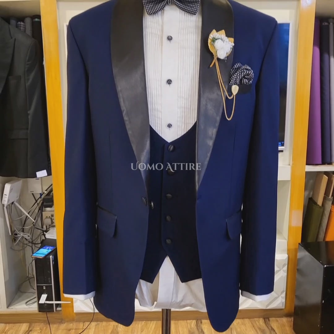Carica e riproduci video nel visualizzatore Galleria, Men's Blue Tuxedo with Black Satin Shawl Collar