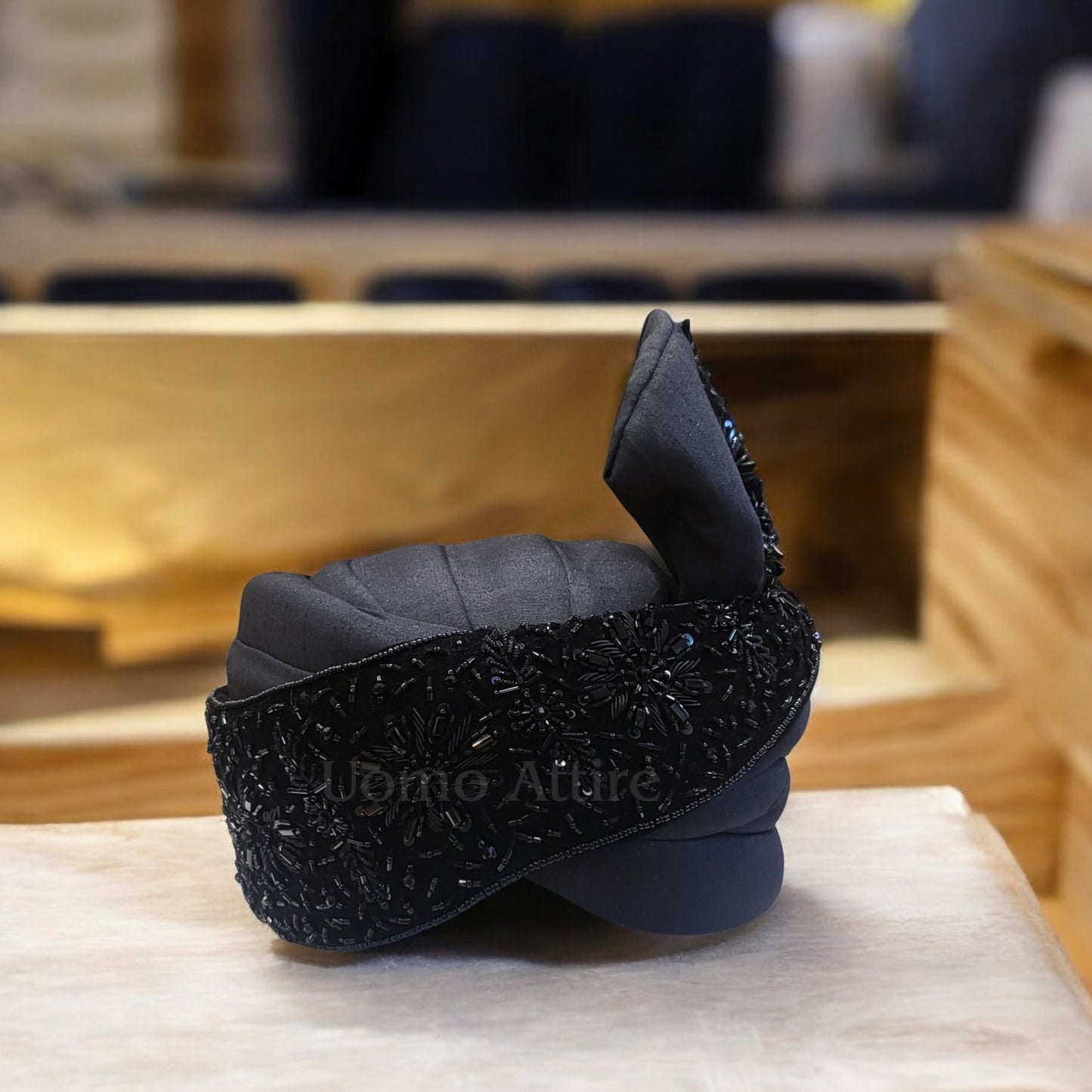 Luxury Custom Black Turban for Groom with Hand-Made Embellishments