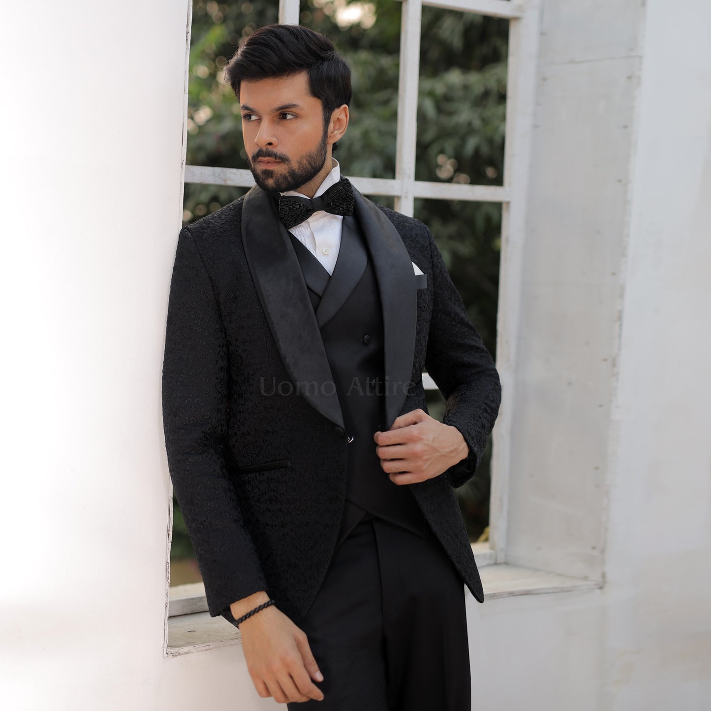 Luxurious Embroidered Black Tuxedo Double-Breasted Waistcoat For Mens