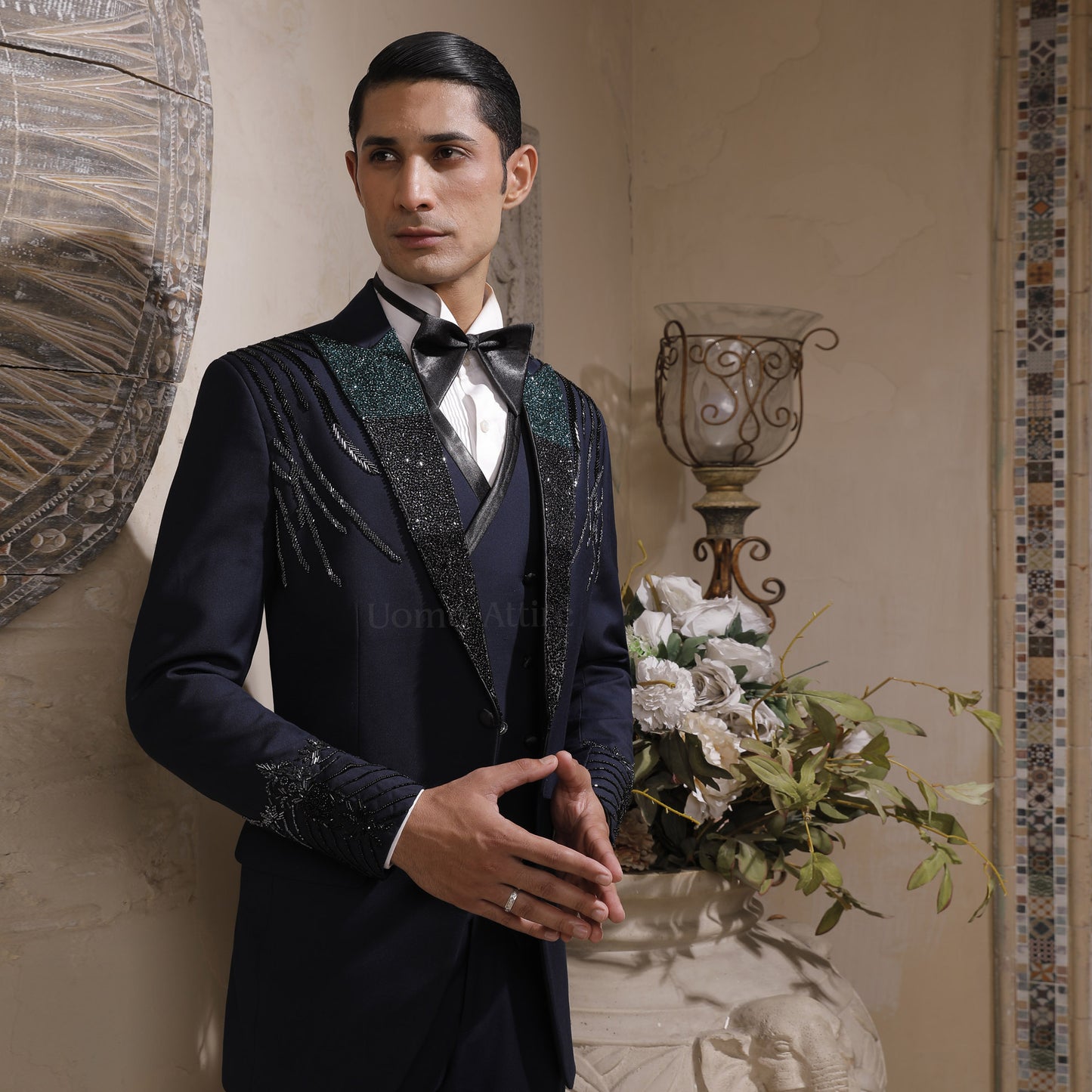 Luxurious Deep Navy Blue Italian Slim Fit Tuxedo with Embellished Shoulders and Cuffs for Groom