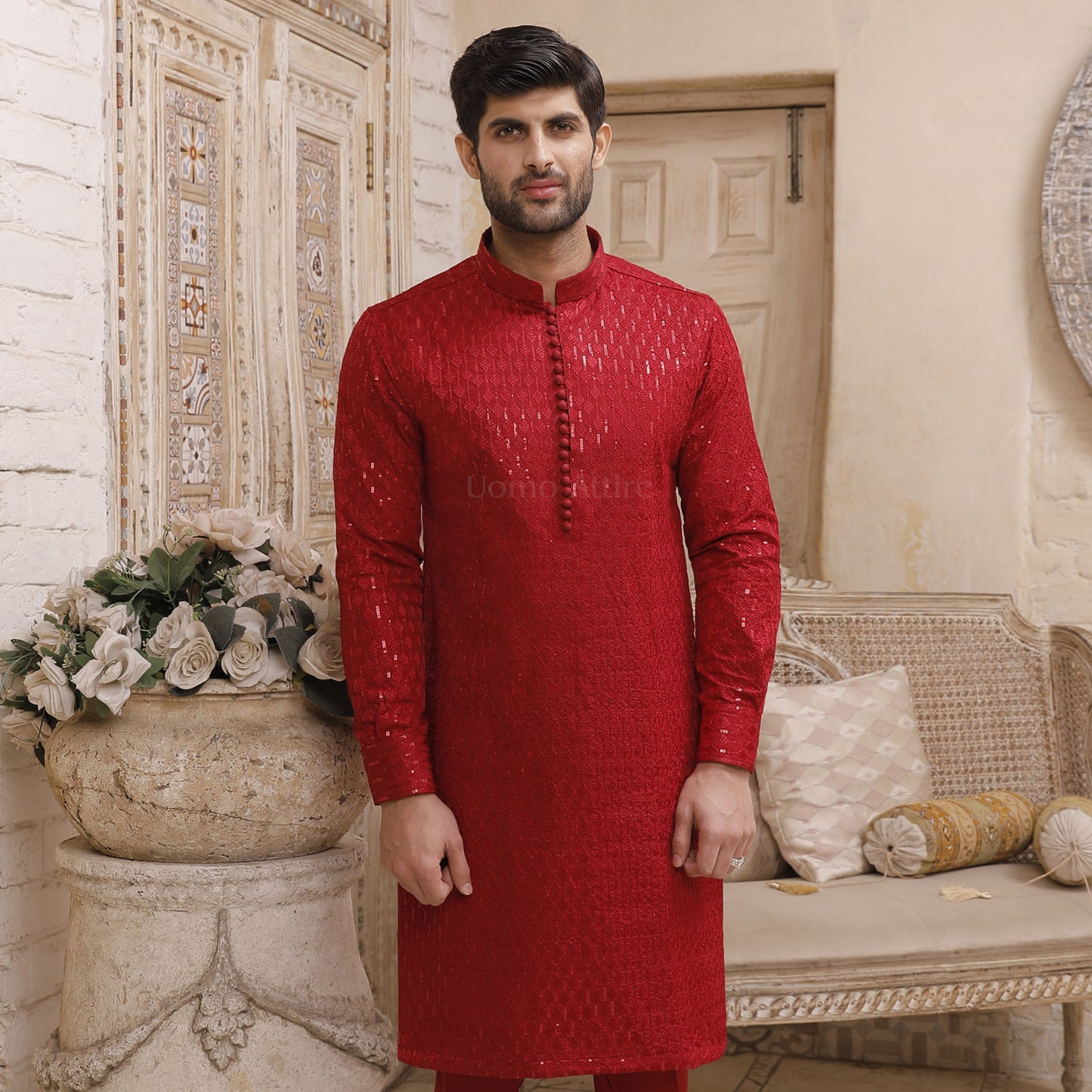 Luxurious Blood Red Embroidered Kurta Pajama for Men with Loop Buttons