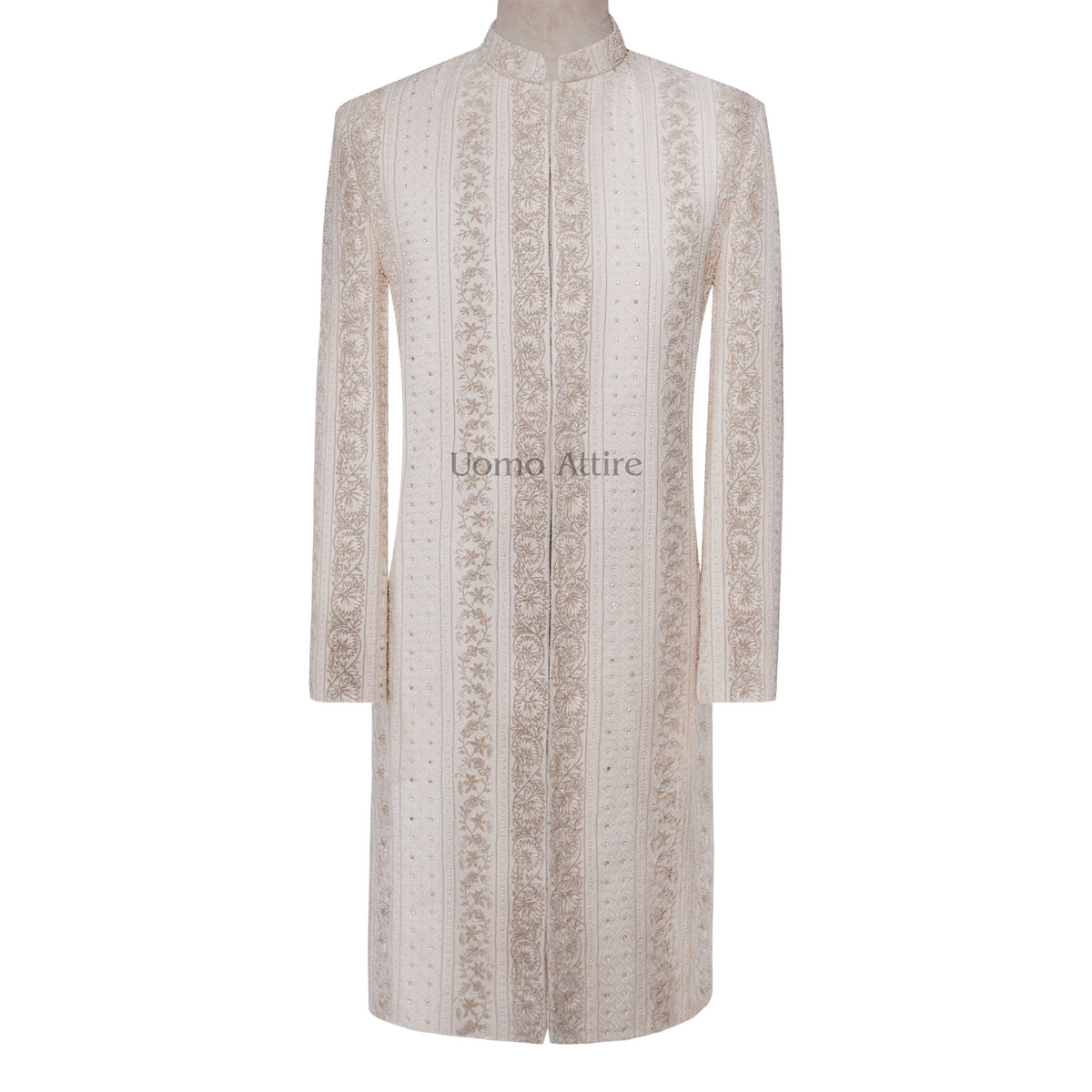 Designer Cream Gold Sherwani Set with Heavy Embroidery and Elegant Embellishments main image 1