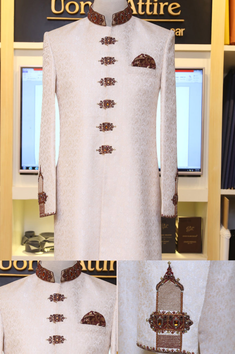 Rust gold single resham embellished sherwani