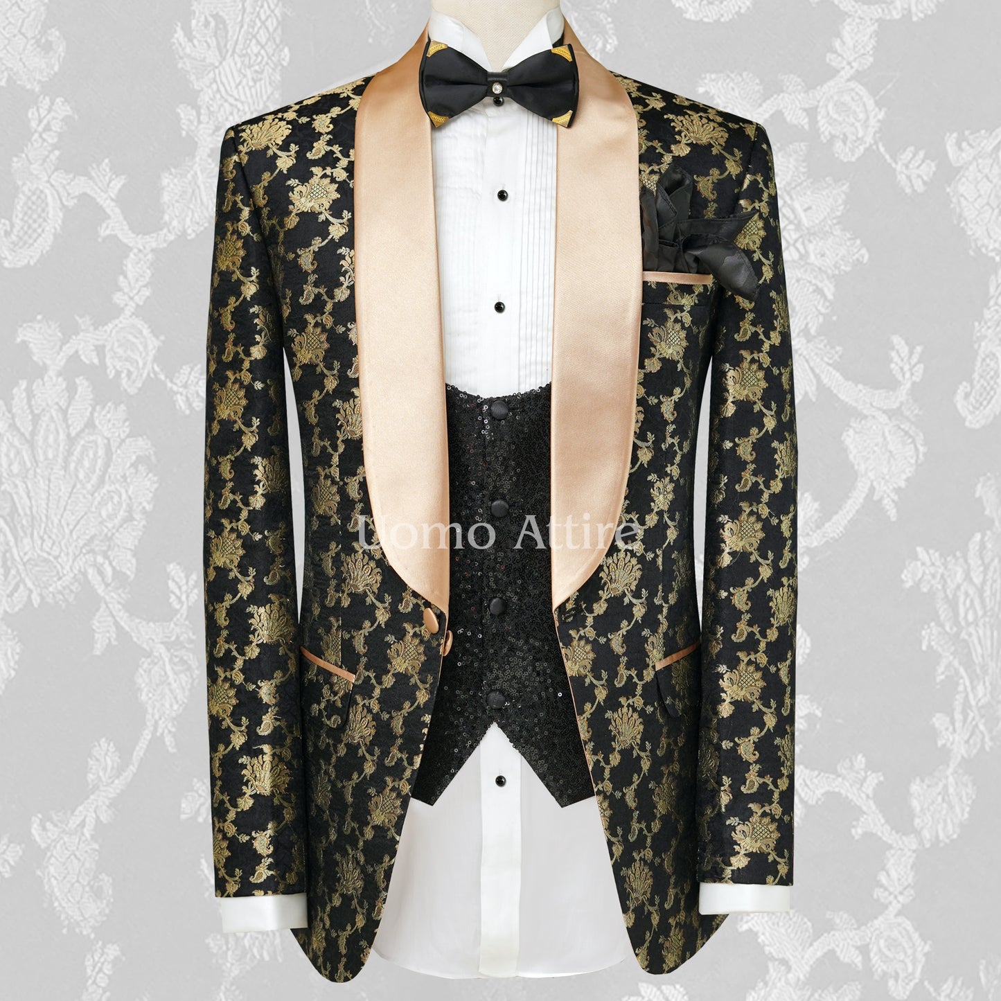 Luxurious tuxedo 3 piece suit with imported satin shawl, tuxedo suit, black and golden tuxedo suit