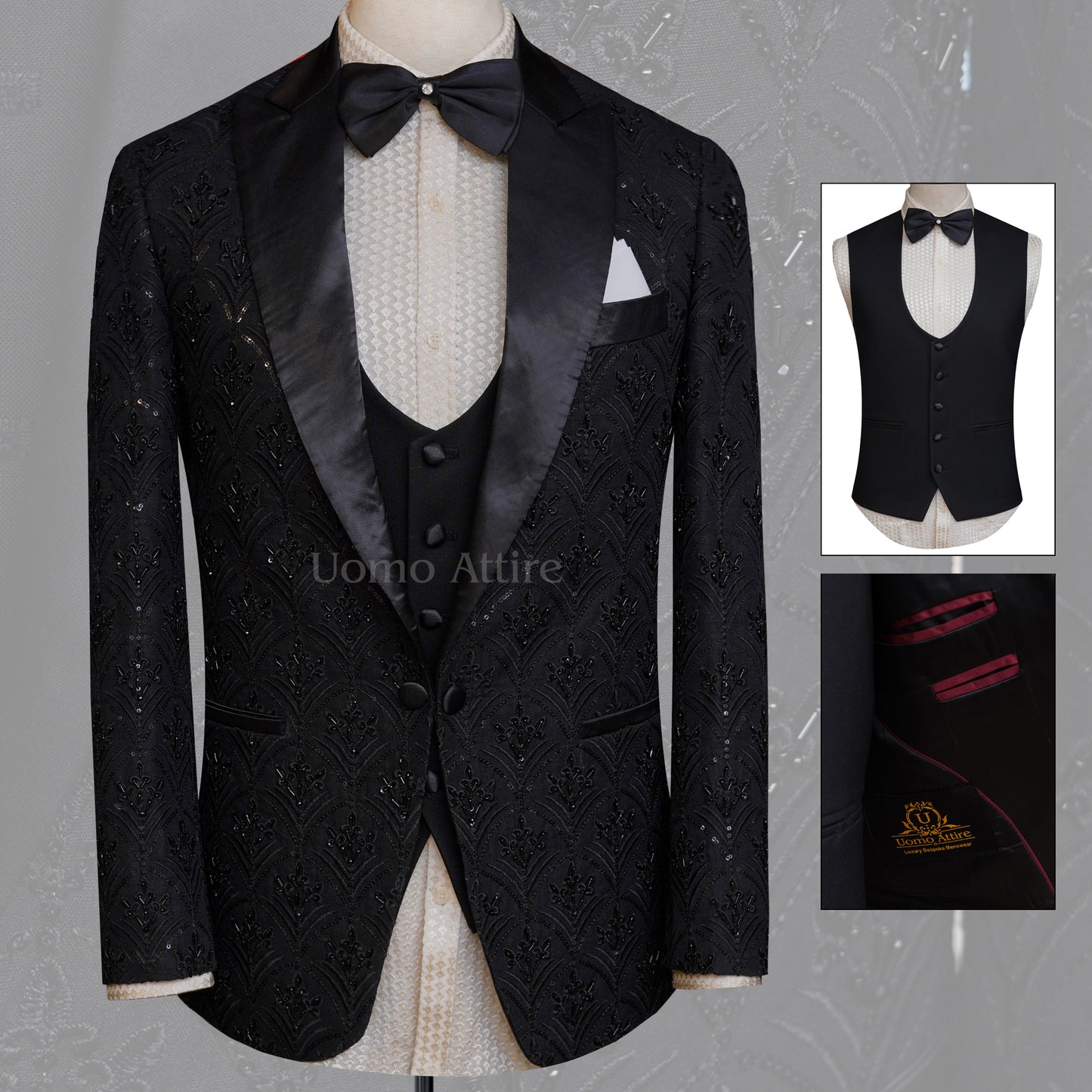 
                  
                    Custom made fully embellished tuxedo 3 piece suit, black tuxedo suit, tuxedo suit
                  
                