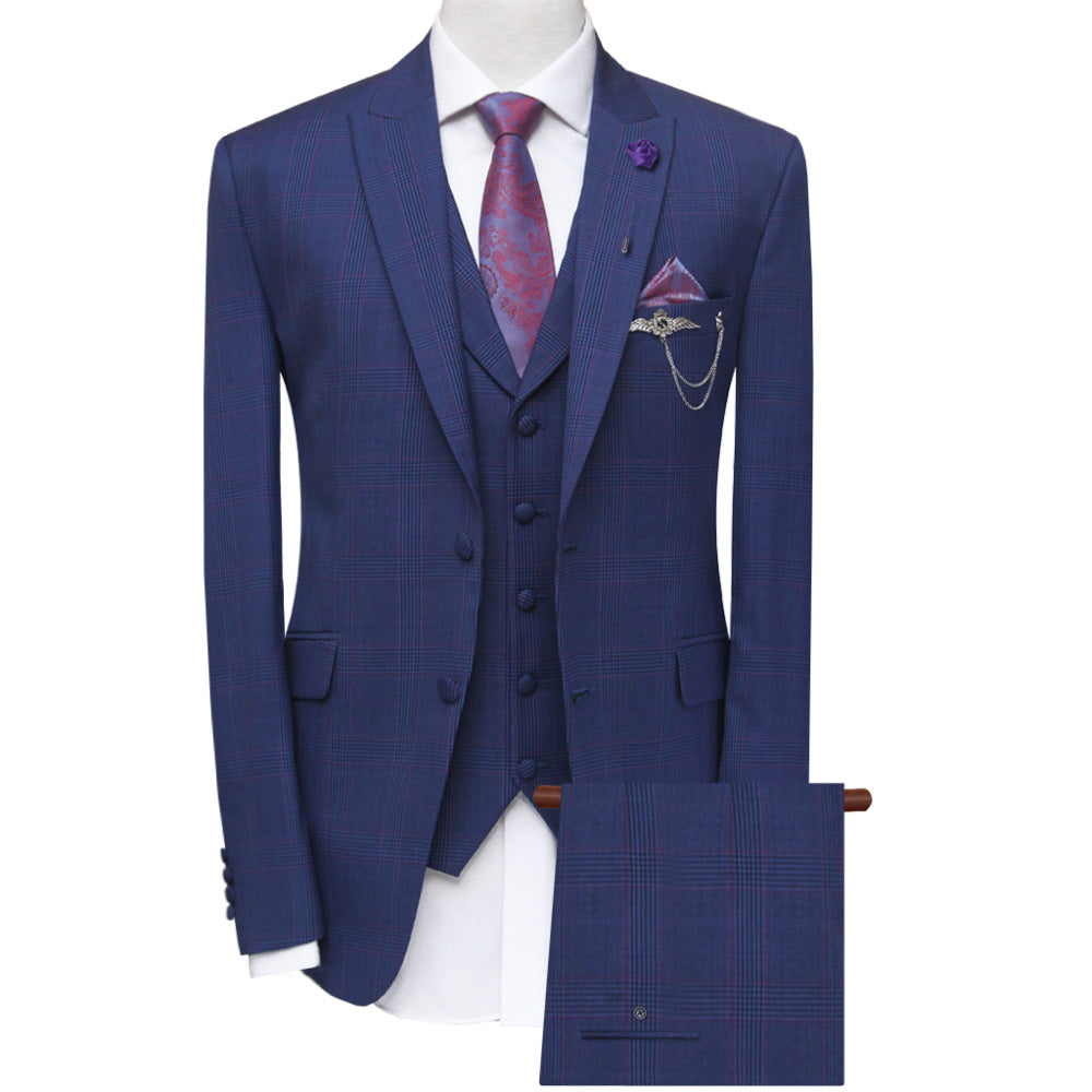Blue check three piece suit for men, bespoke three piece suit with same fabric vest and pant
