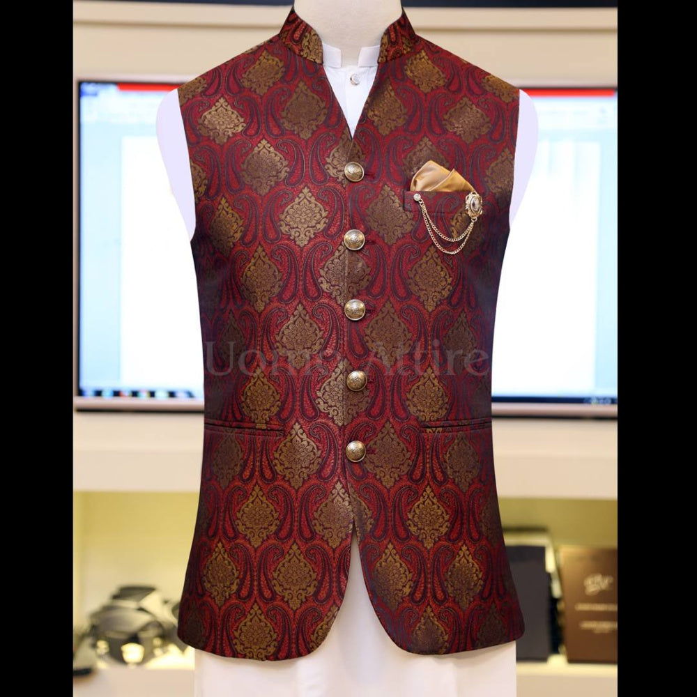 Jamawar Waistcoat connected with a chain Brooch