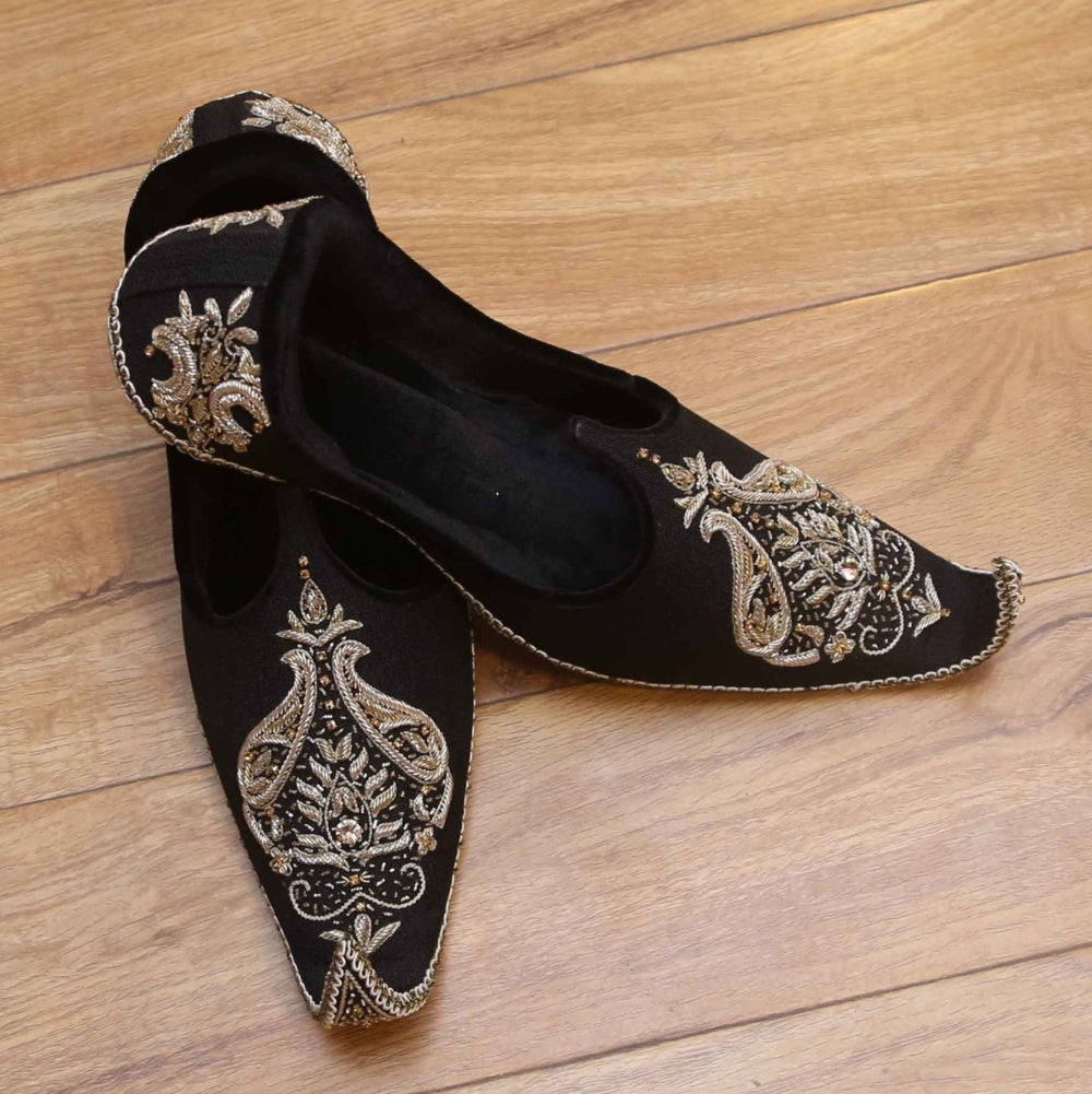 Golden Embroidered Black Shoes For Sherwani