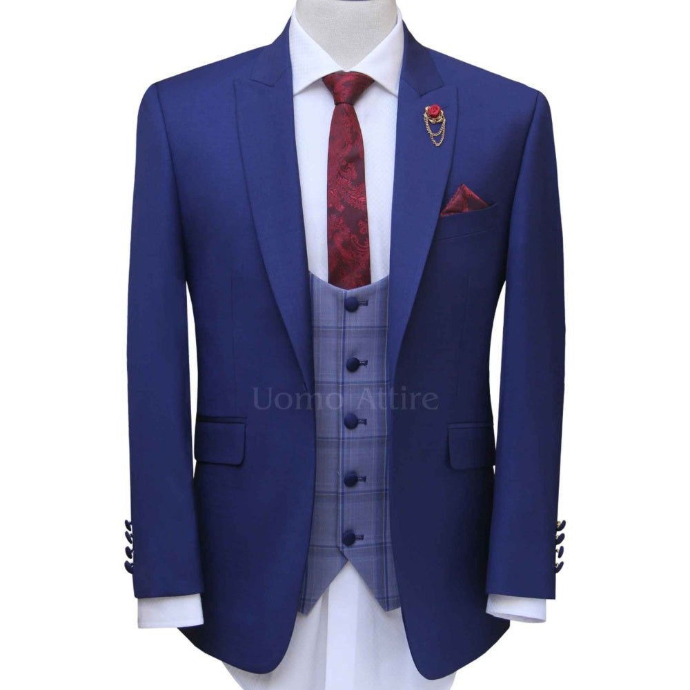 Blue three peice suit with deep U-shape waistcoat, custom tailored blue suits for men