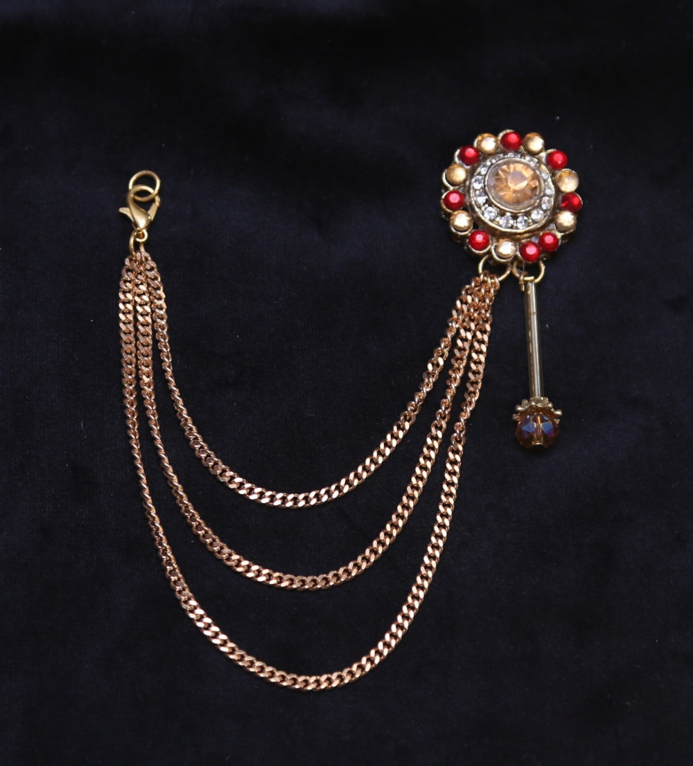 champagne and golden diamond stone chain brooch