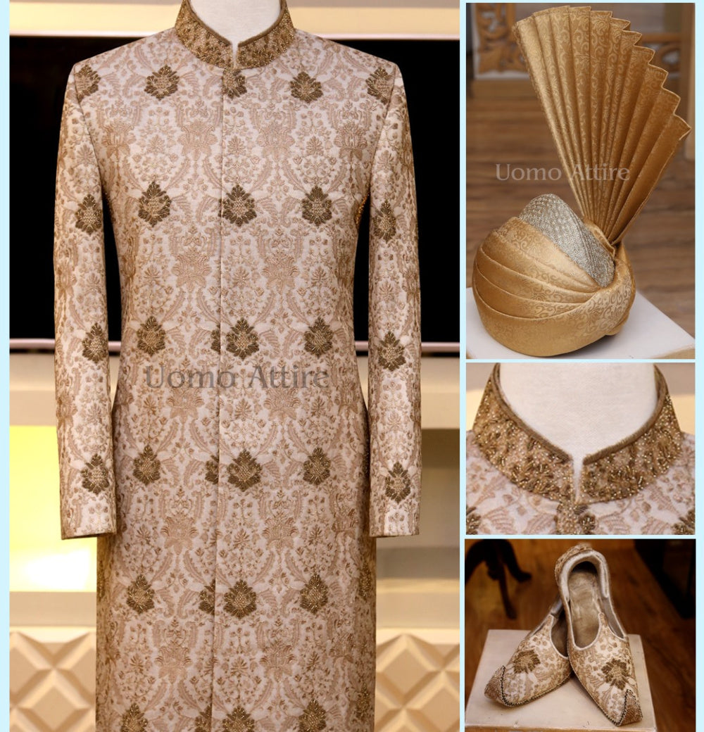 Antique gold sherwani full package with embroidered work