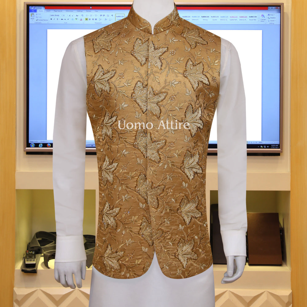 Golden rao silk fully embroidered slim fitted waistcoats