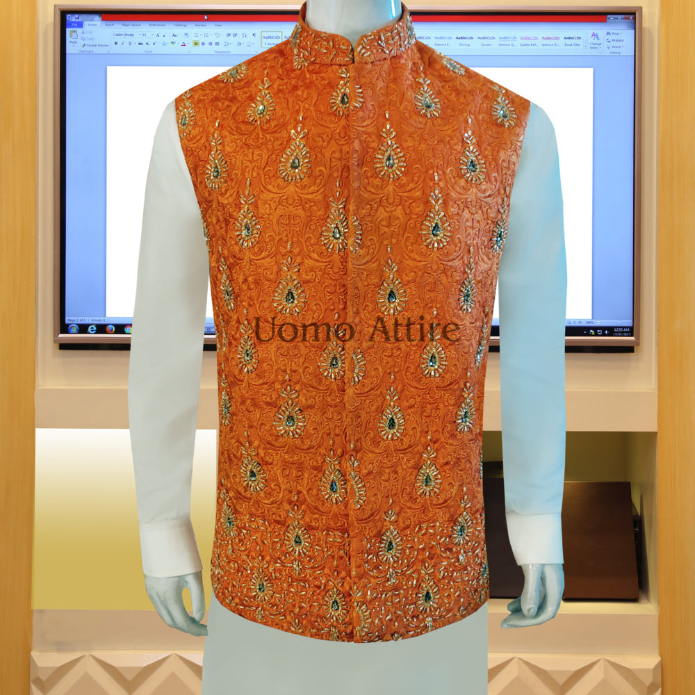 
                  
                    Rust color Waistcoat with Kurta Pajama for mehndi | Waistcoat for Mehndi
                  
                